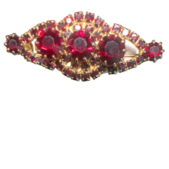Vtg 10K Gold 6.56g Garnet Glass Brooch '40s Bar Pin Red Rhinestone Unmarked MCM - Picture 10 of 16